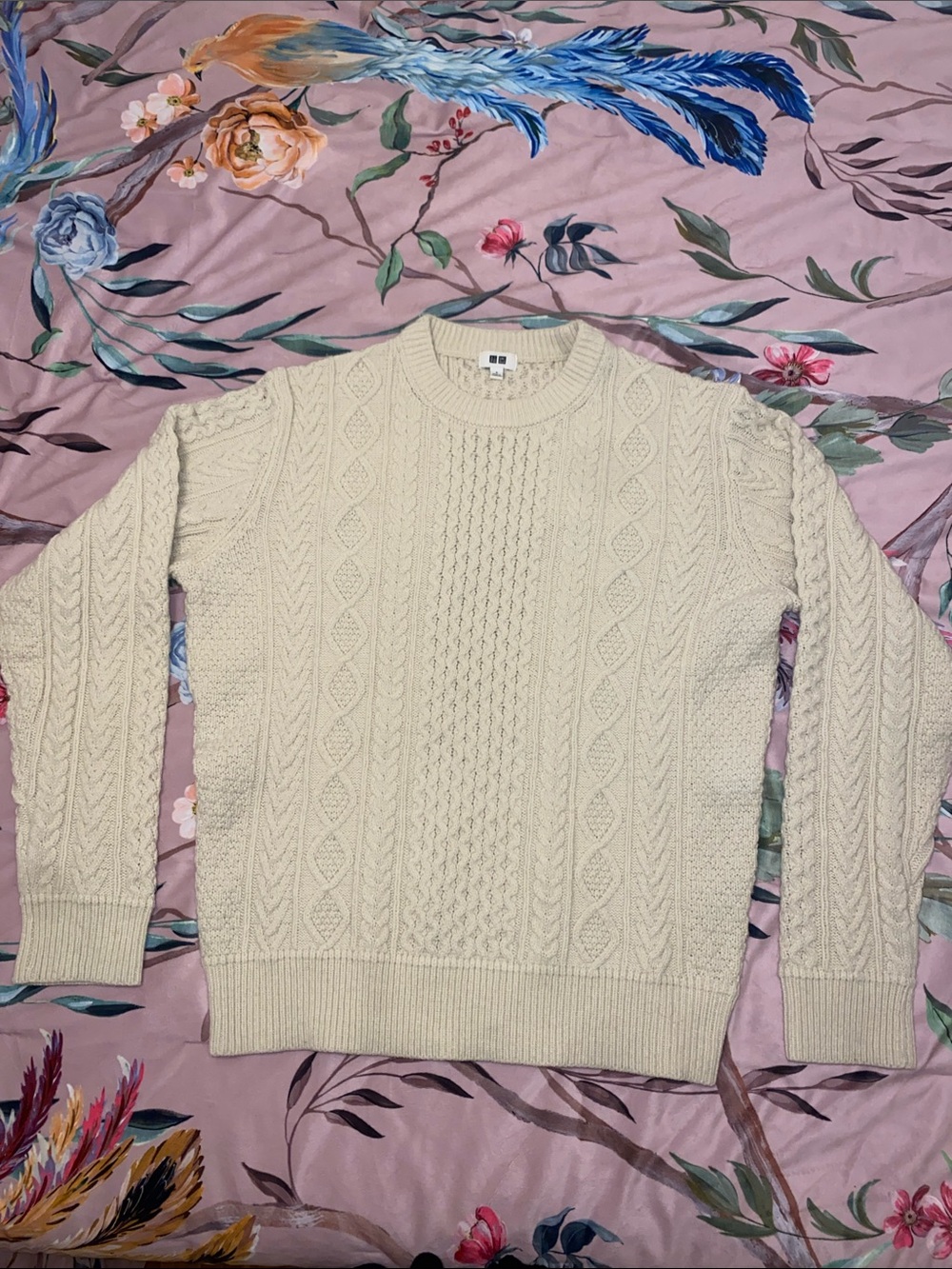 UNIQLO Cream Cable-Knit Crewneck Wool Blend Sweater